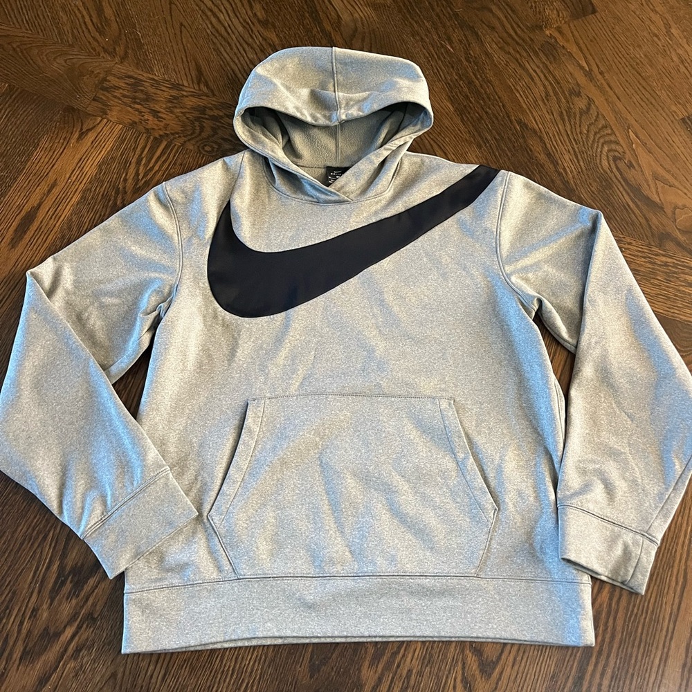 Nike Men's medium Heather Gray Hoodie with Black Logo sweatshirt dri-fit